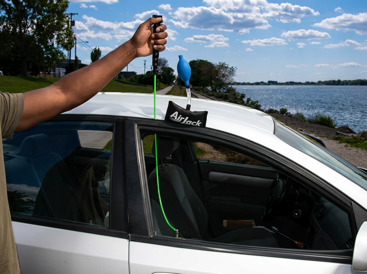 Peach State locksmith unlocking a car door with a long-reach tool and air wedge